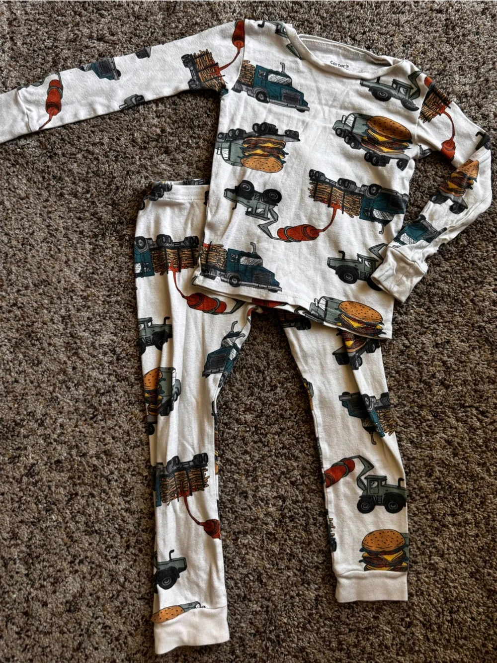 Carter's Teal Striped and Cream Truck Print Pajama Set